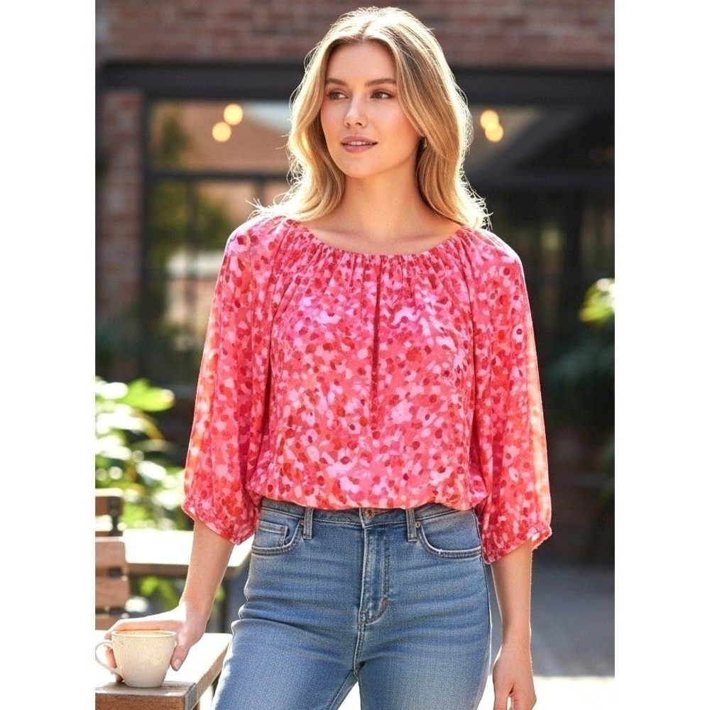 THML Abstract Dot Bubble Hem Top Womens Large Pink Boho Feminine Romantic Floral